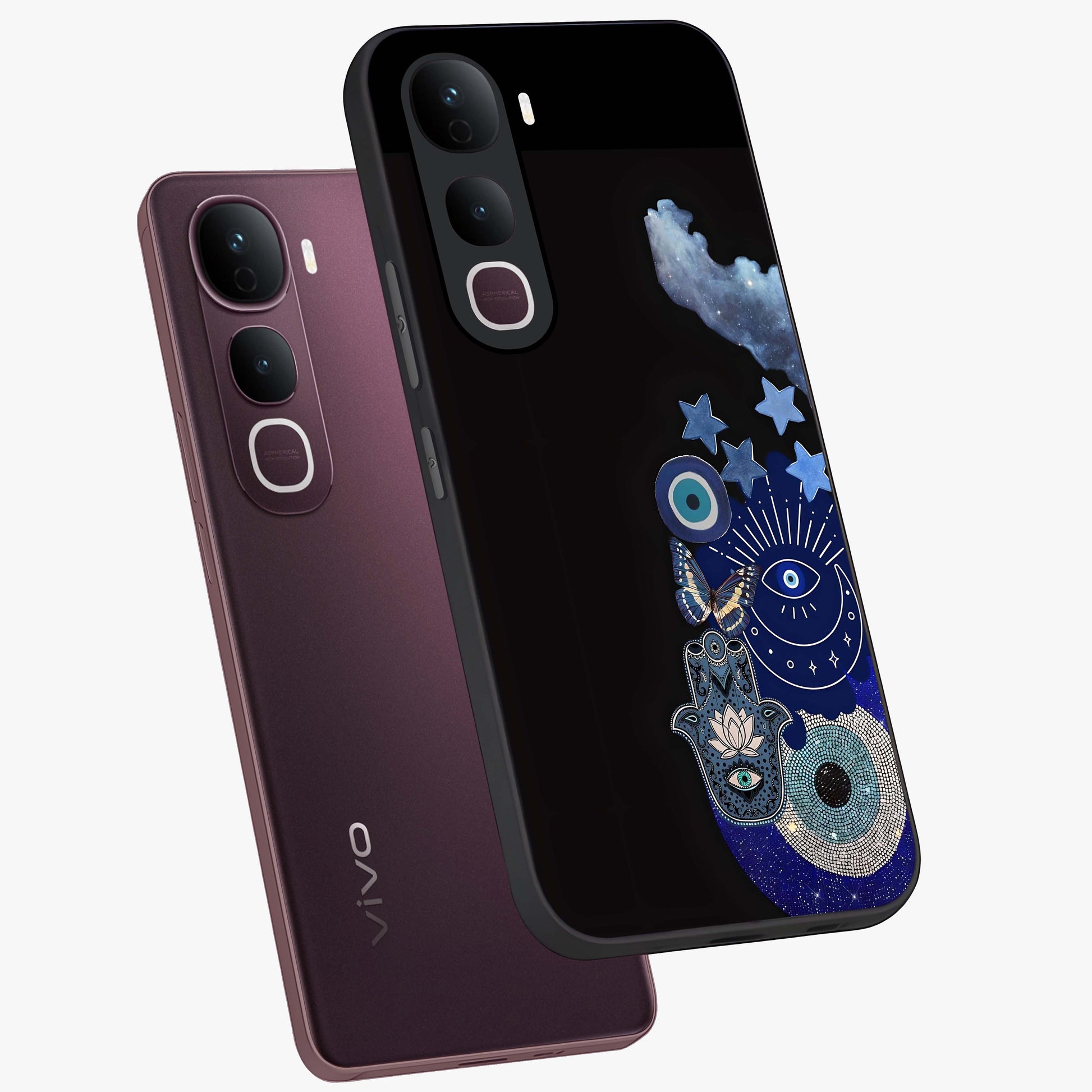 Galactic Charm Cluster Glass Case displayed in angled mockup highlighting luminous galaxy inspired design with dreamy aesthetic.