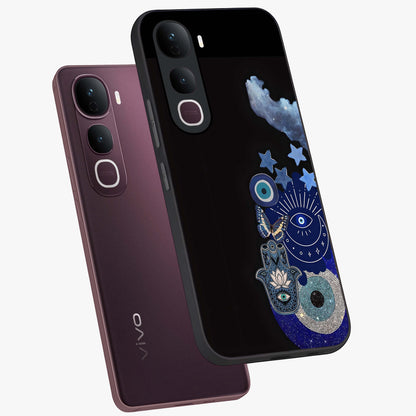 Galactic Charm Cluster Glass Case displayed in angled mockup highlighting luminous galaxy inspired design with dreamy aesthetic.