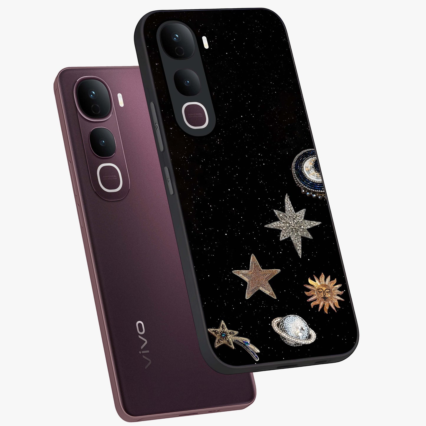 Galactic Charm Glow Glass Case displayed in angled mockup highlighting luminous galaxy inspired design with dreamy aesthetic.