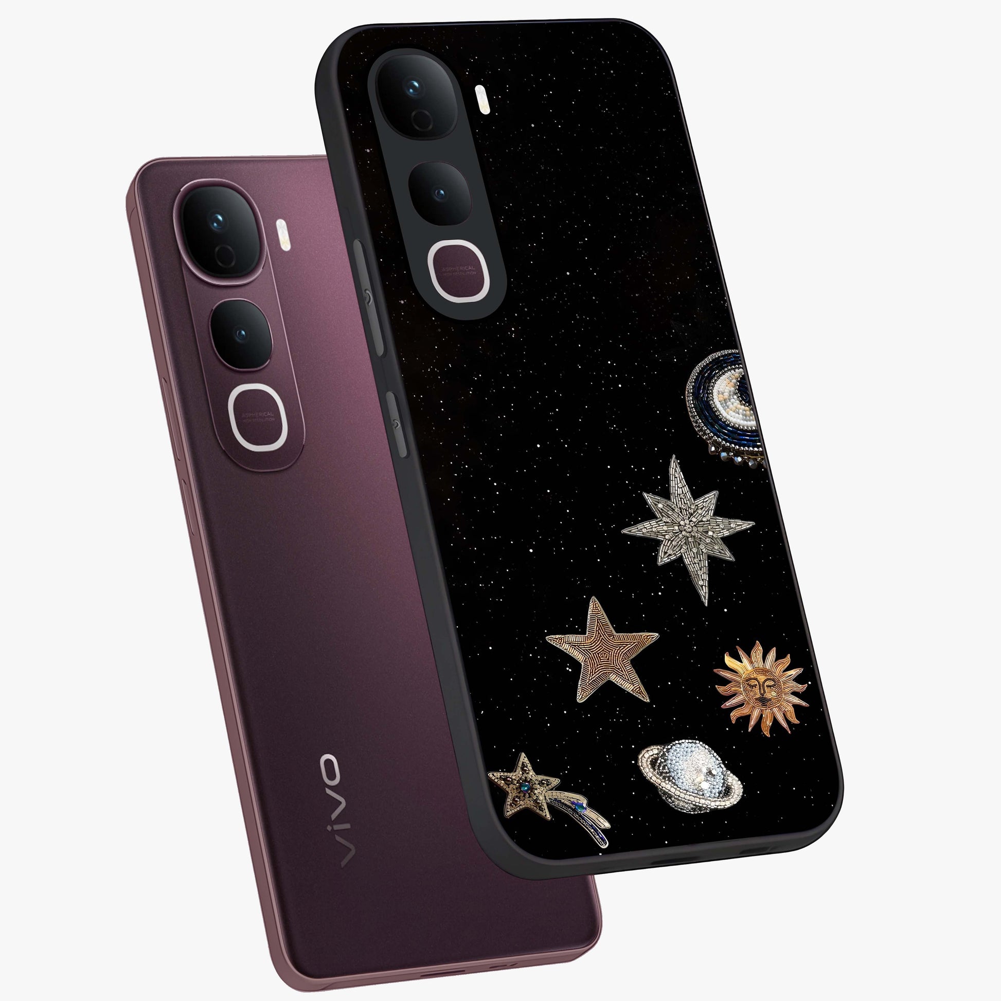 Galactic Charm Glow Glass Case displayed in angled mockup highlighting luminous galaxy inspired design with dreamy aesthetic.