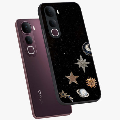 Galactic Charm Glow Glass Case displayed in angled mockup highlighting luminous galaxy inspired design with dreamy aesthetic.
