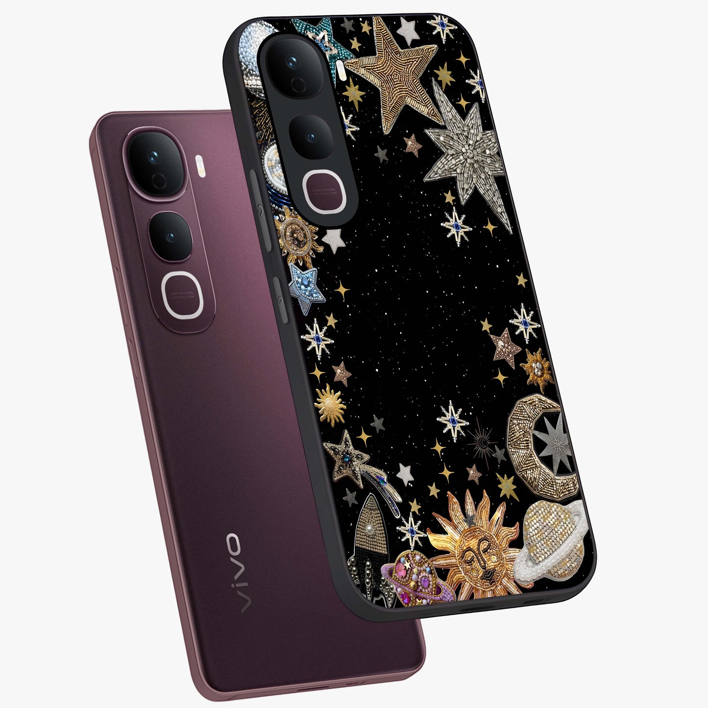 Galactic Jewel Stars Glass Case displayed in angled mockup highlighting shining celestial star design with cosmic aesthetic style.