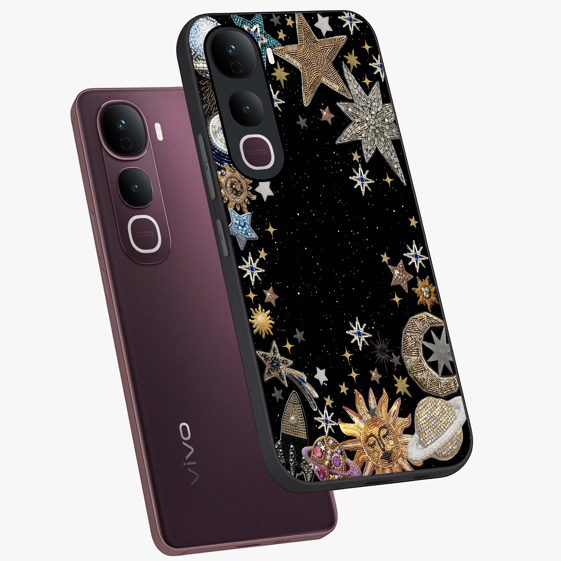 Galactic Jewel Stars Glass Case displayed in angled mockup highlighting shining celestial star design with cosmic aesthetic style.