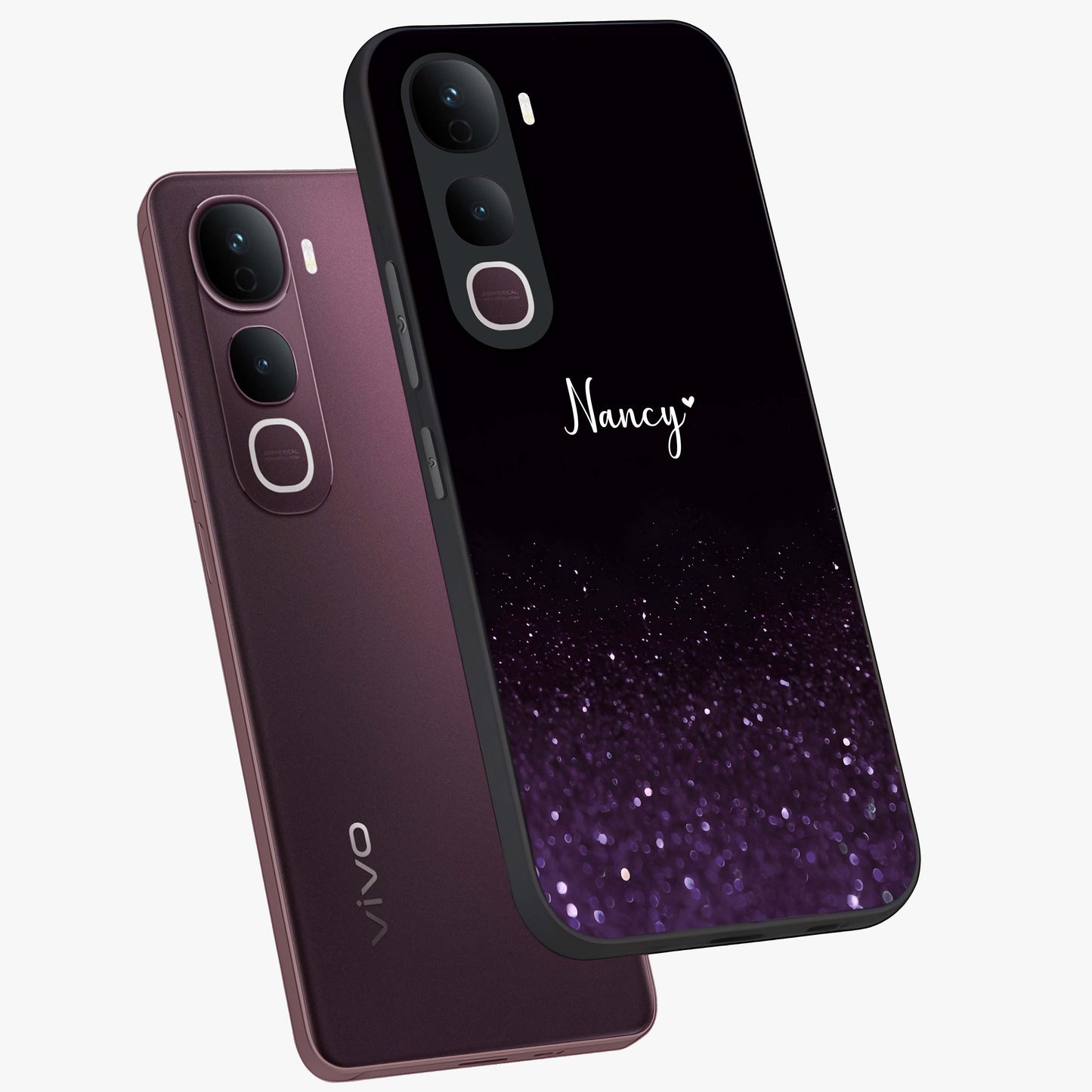 Glittery Purple Bokeh Custom Name Glass Case displayed in angled mockup highlighting glitter bokeh pattern with custom name feature.