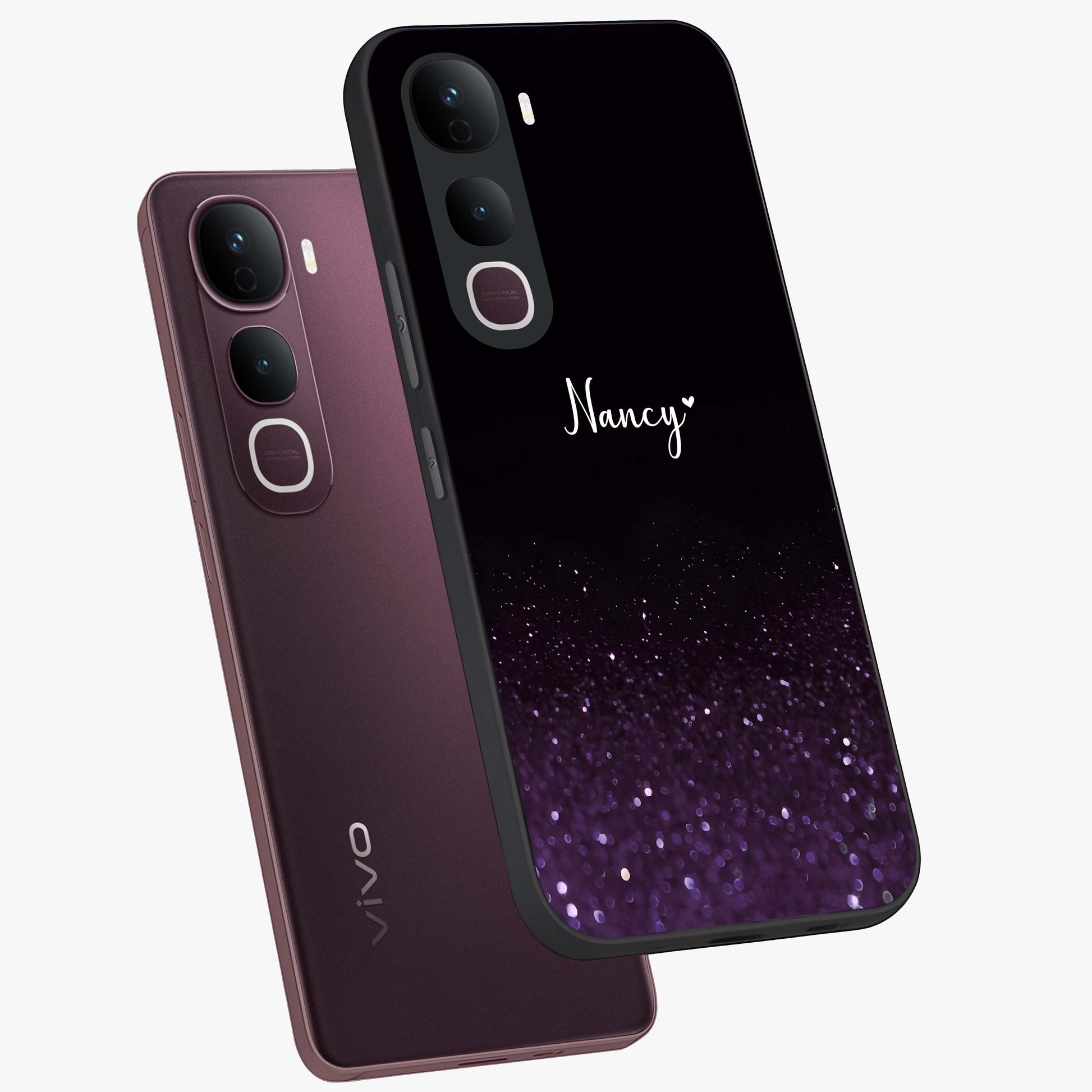 Glittery Purple Bokeh Custom Name Glass Case displayed in angled mockup highlighting glitter bokeh pattern with custom name feature.