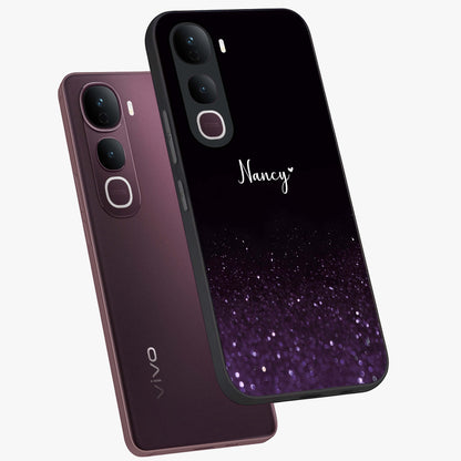 Glittery Purple Bokeh Custom Name Glass Case displayed in angled mockup highlighting glitter bokeh pattern with custom name feature.