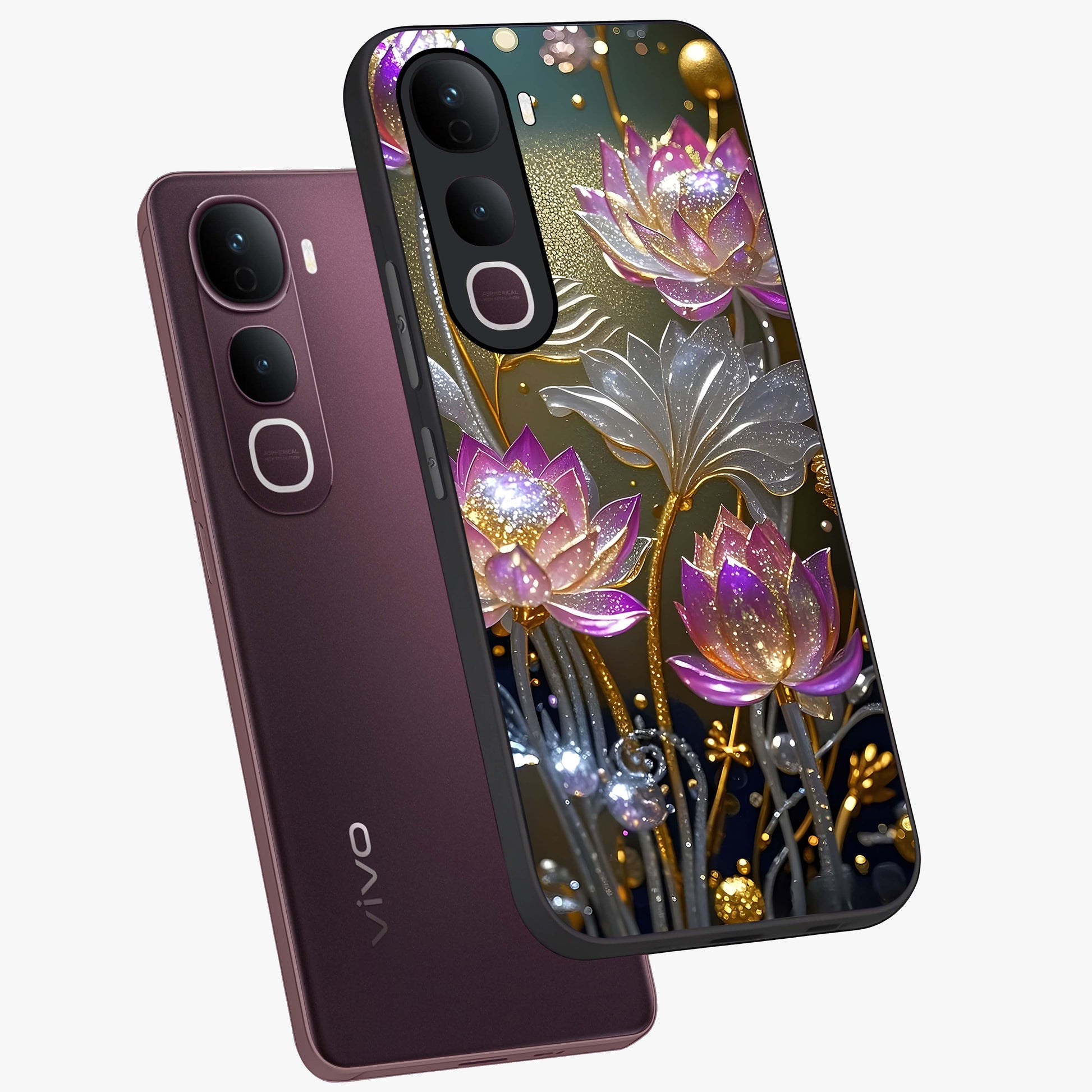 Golden Floral Majesty Glass Case displayed in angled mockup highlighting elegant flower design with royal golden aesthetic.