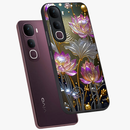 Golden Floral Majesty Glass Case displayed in angled mockup highlighting elegant flower design with royal golden aesthetic.