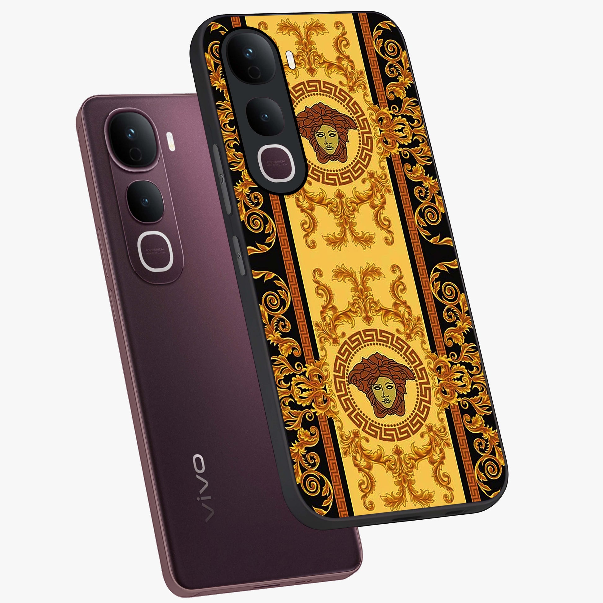 Golden Lotus Glow Glass Case displayed in angled mockup highlighting radiant lotus illustration with spiritual aesthetic.