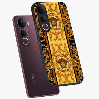 Golden Lotus Glow Glass Case displayed in angled mockup highlighting radiant lotus illustration with spiritual aesthetic.