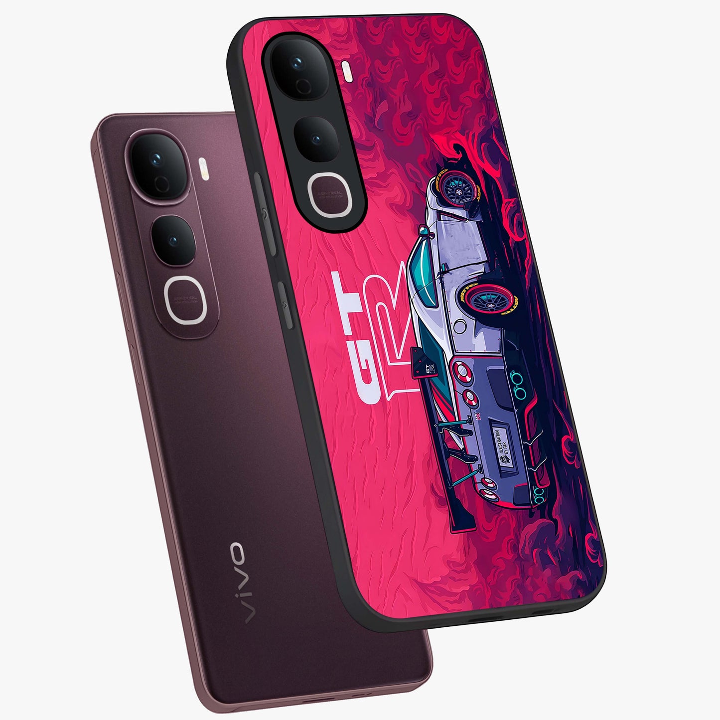 GT-R Car Pattern Glass Case displayed in angled mockup highlighting racing car graphic design with bold automotive aesthetic.
