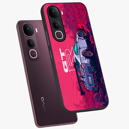 GT-R Car Pattern Glass Case displayed in angled mockup highlighting racing car graphic design with bold automotive aesthetic.