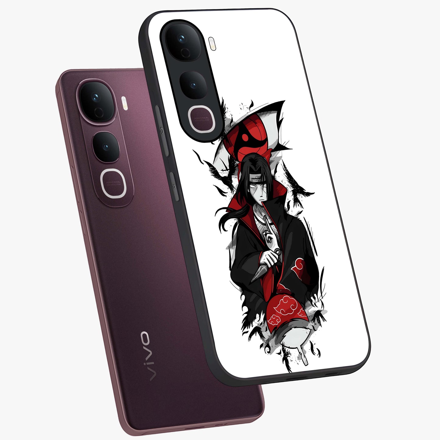 Itachi Limited Edition Naruto Anime Glass Case displayed in angled mockup highlighting dramatic anime illustration with bold action aesthetic.