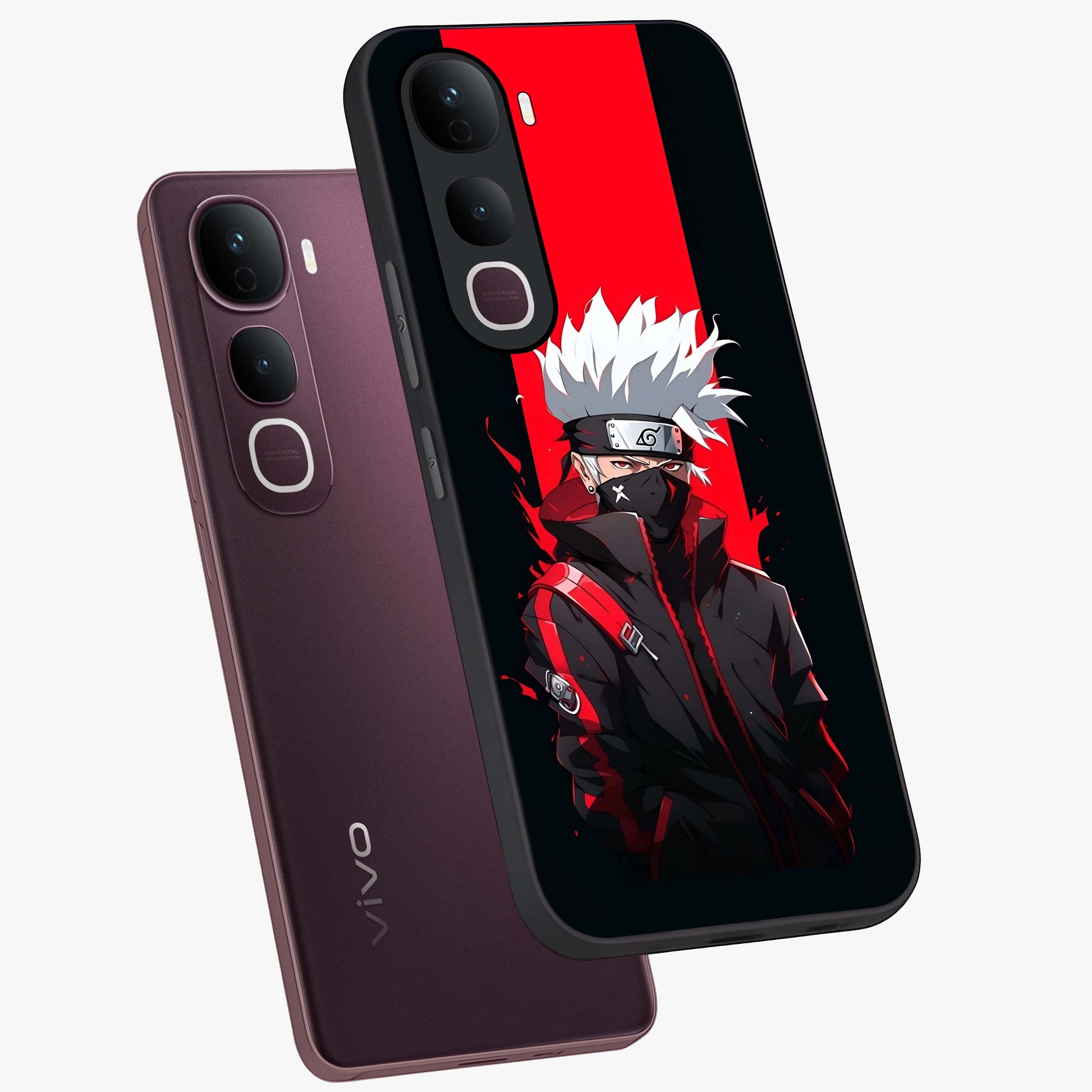 Kakashi Scarlet Shadow Glass Case displayed in angled mockup highlighting dramatic ninja illustration with scarlet themed aesthetic.