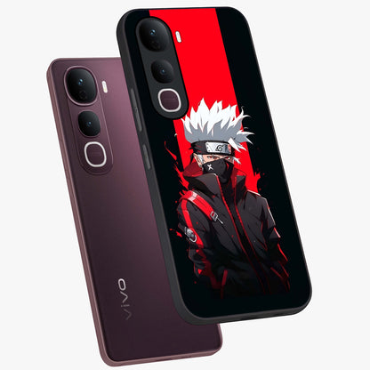 Kakashi Scarlet Shadow Glass Case displayed in angled mockup highlighting dramatic ninja illustration with scarlet themed aesthetic.