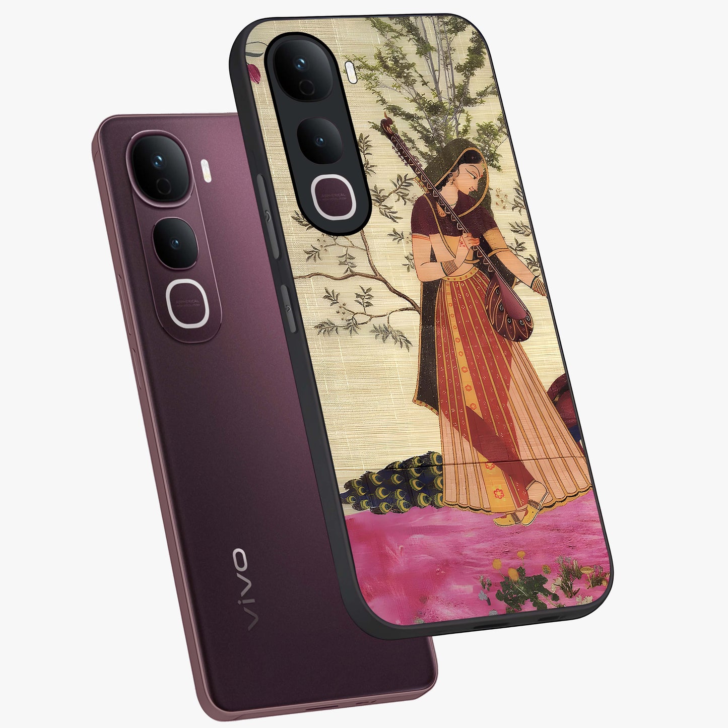 Lady With Veena Art Glass Case displayed in angled mockup highlighting graceful musical illustration with cultural artistic aesthetic.