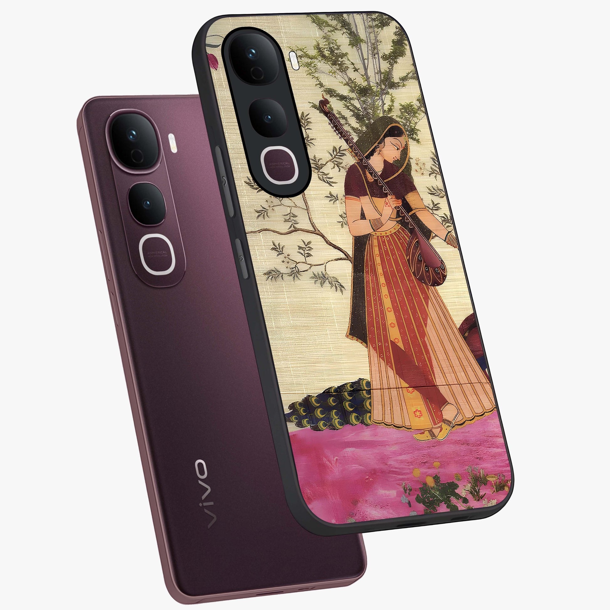 Lady With Veena Art Glass Case displayed in angled mockup highlighting graceful musical illustration with cultural artistic aesthetic.
