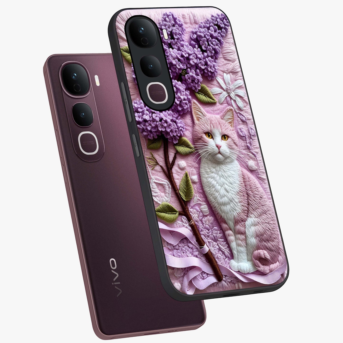 Lavender Cat Whimsy Glass Case displayed in angled mockup highlighting playful feline illustration with pastel lavender aesthetic.