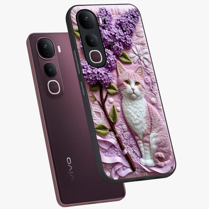 Lavender Cat Whimsy Glass Case displayed in angled mockup highlighting playful feline illustration with pastel lavender aesthetic.