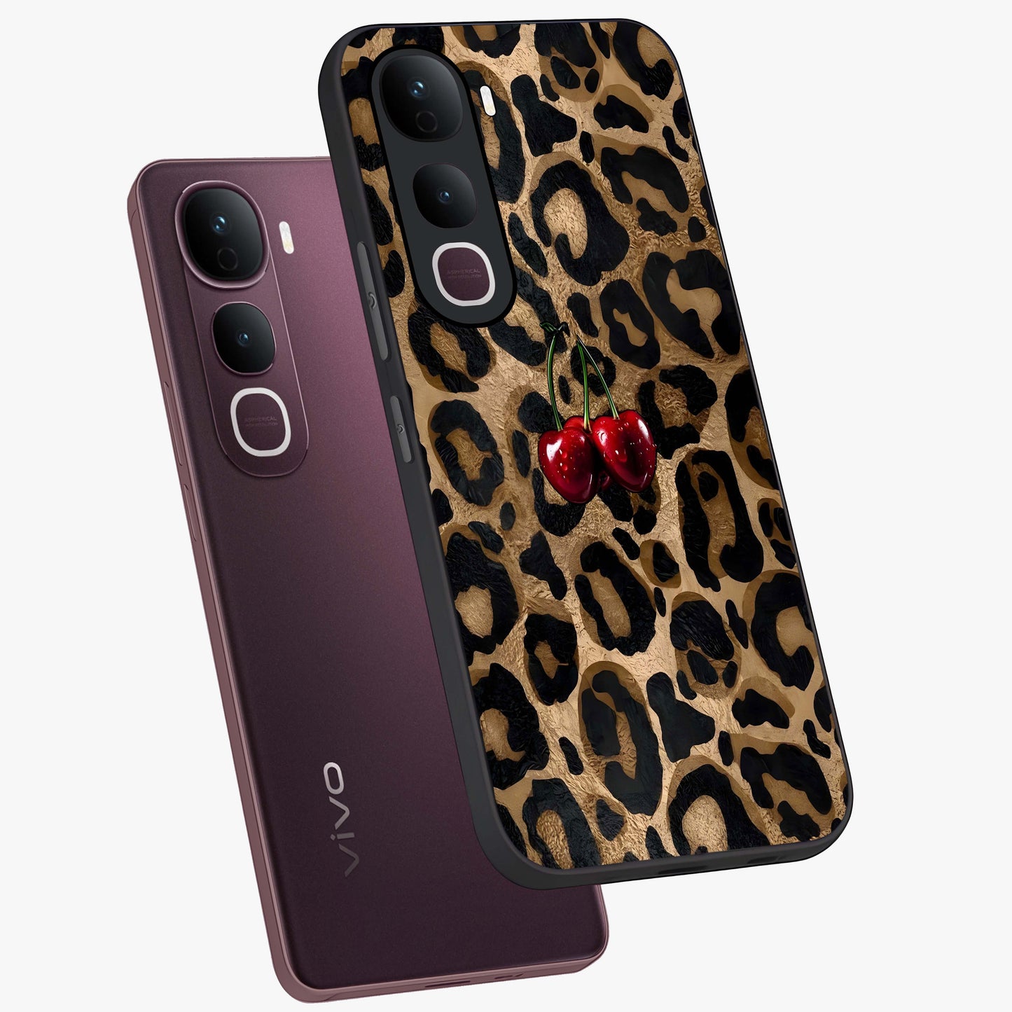 Leopard Wild Cherry Glass Case displayed in angled mockup highlighting bold animal print design with playful cherry aesthetic.