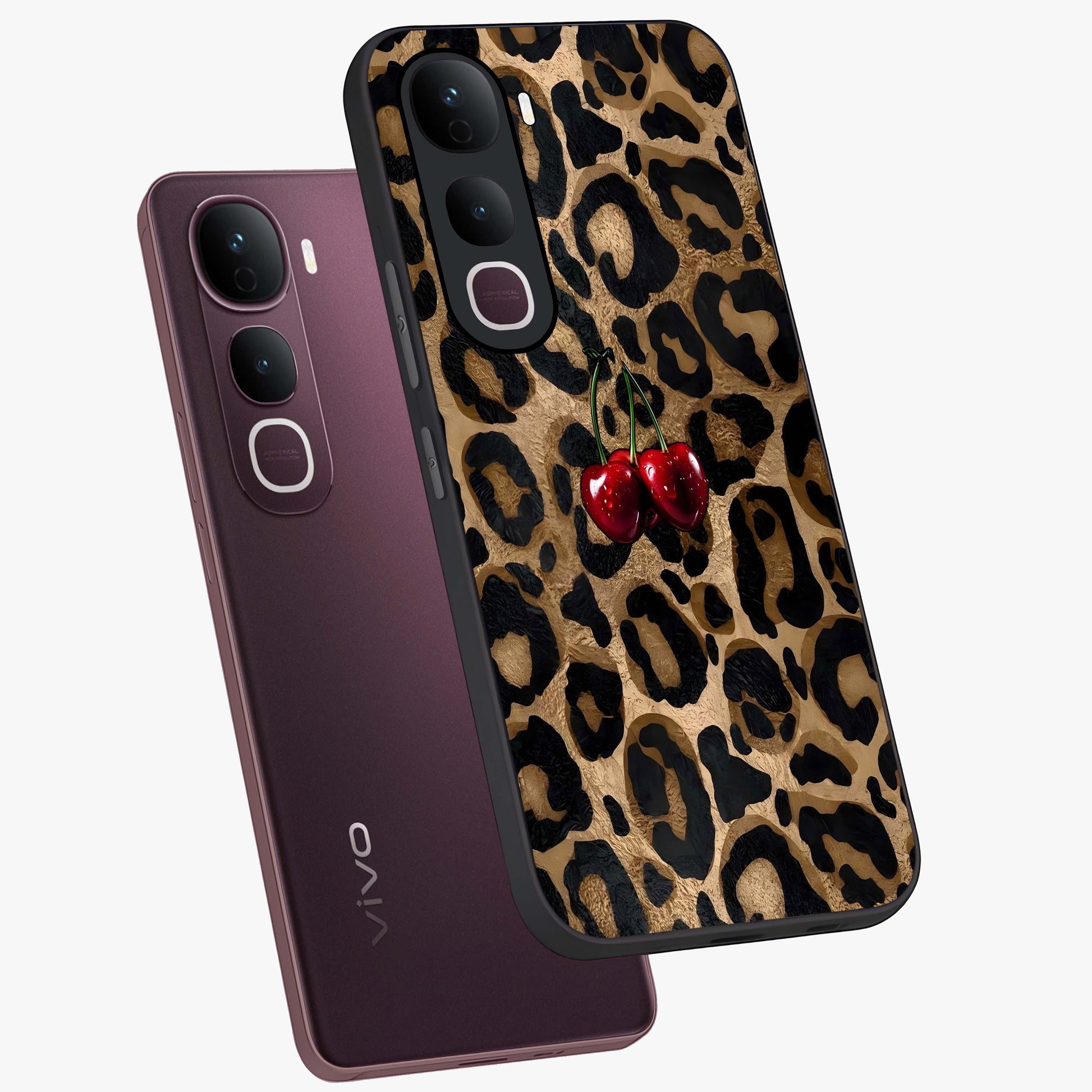 Leopard Wild Cherry Glass Case displayed in angled mockup highlighting bold animal print design with playful cherry aesthetic.