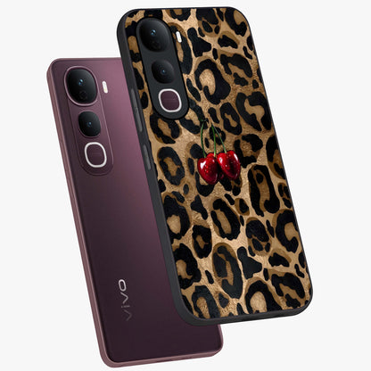 Leopard Wild Cherry Glass Case displayed in angled mockup highlighting bold animal print design with playful cherry aesthetic.