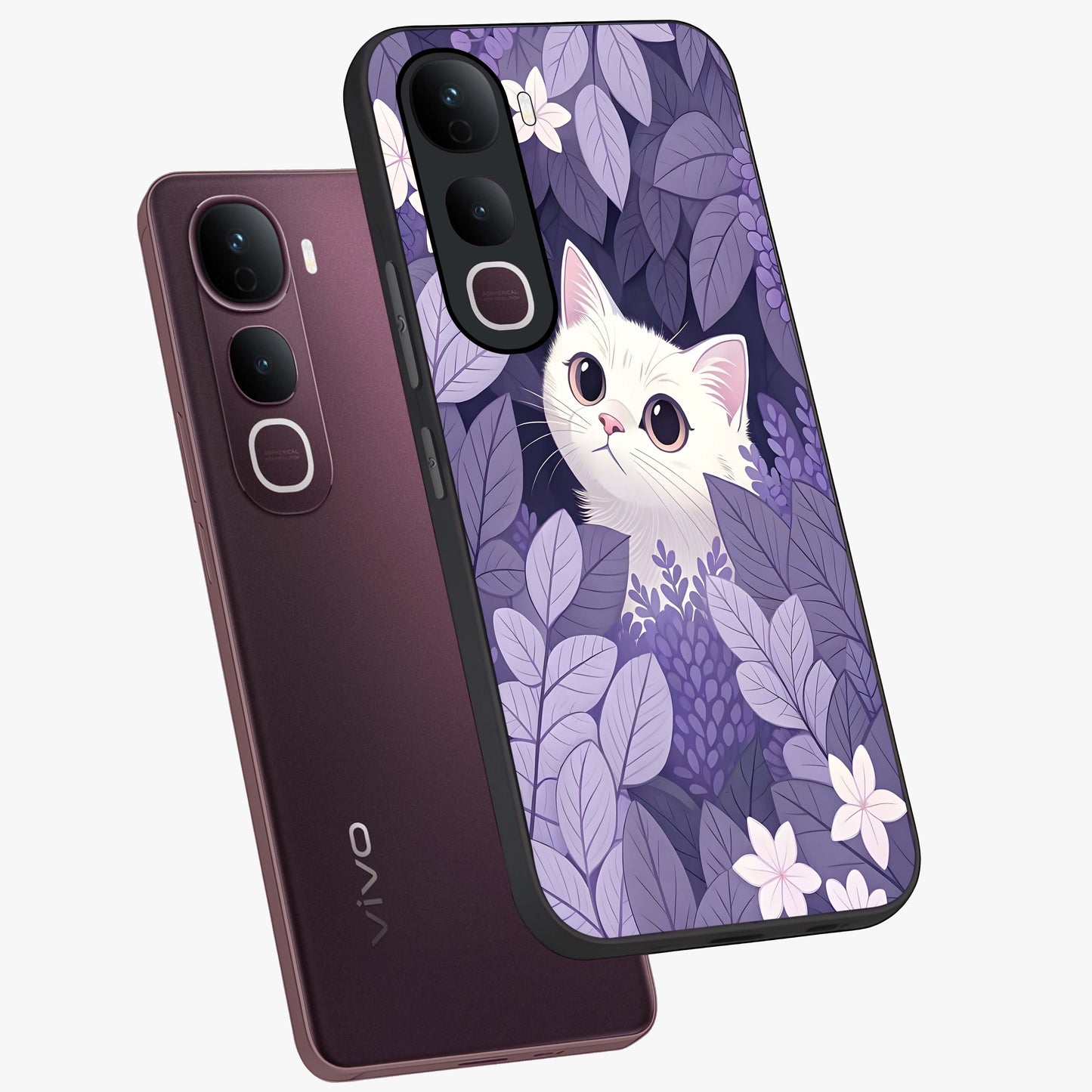 Lilac Hide Peek Cat Glass Case displayed in angled mockup highlighting playful feline illustration with lilac aesthetic design.