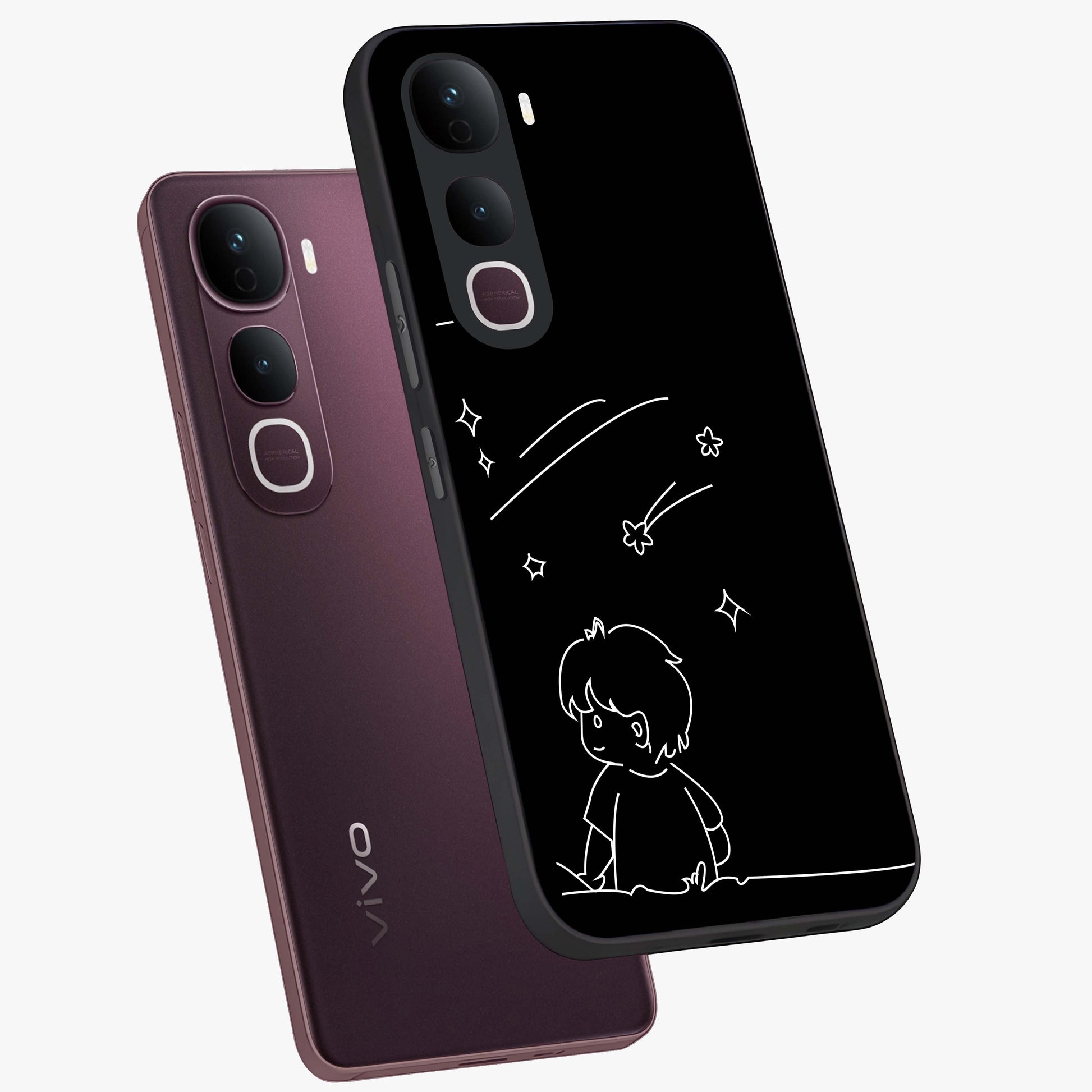 Line Art Boy With Shooting Stars Glass Case displayed in angled mockup highlighting elegant line art design with dreamy star aesthetic.