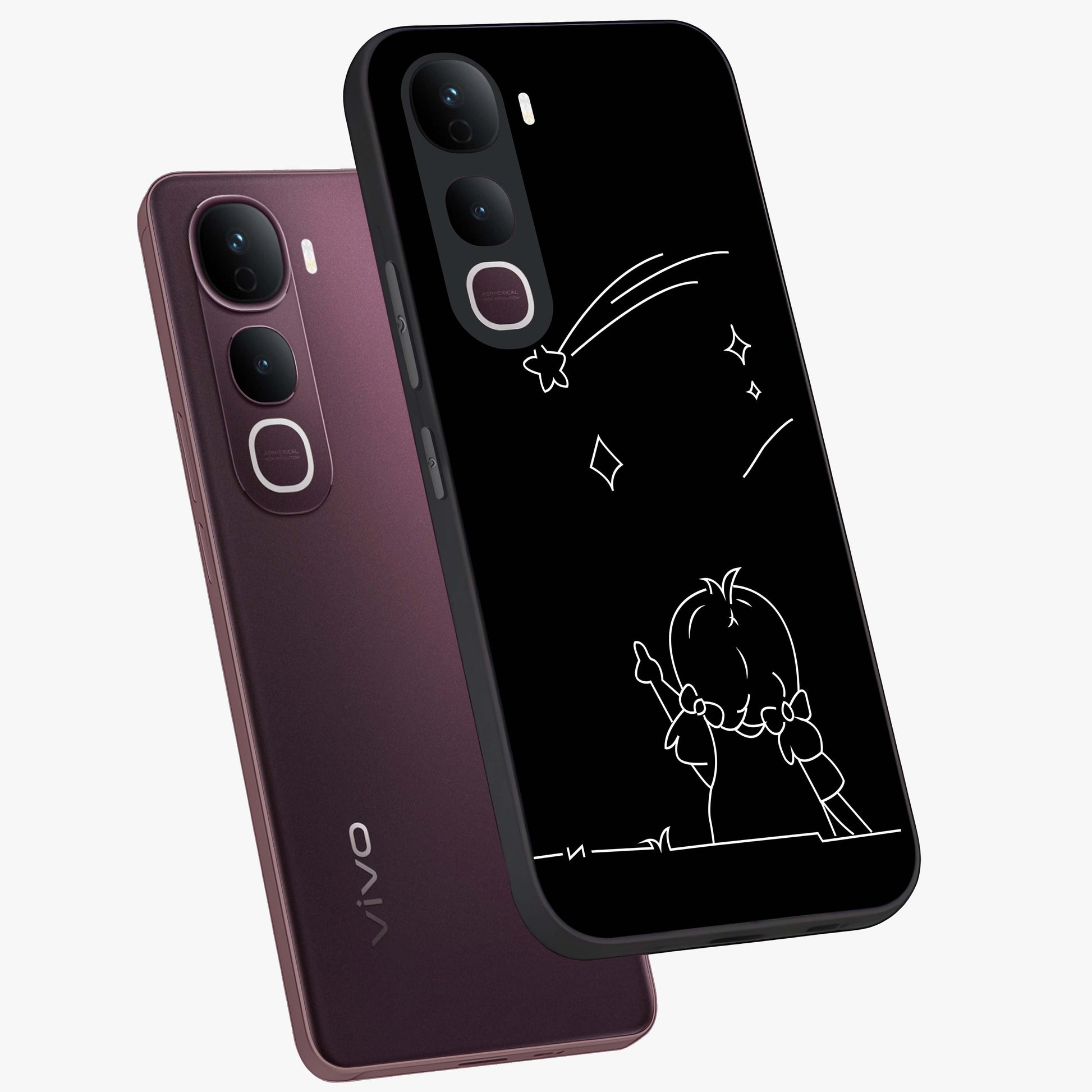 Line Art Girl With Shooting Stars Glass Case displayed in angled mockup highlighting elegant line art design with dreamy star aesthetic.