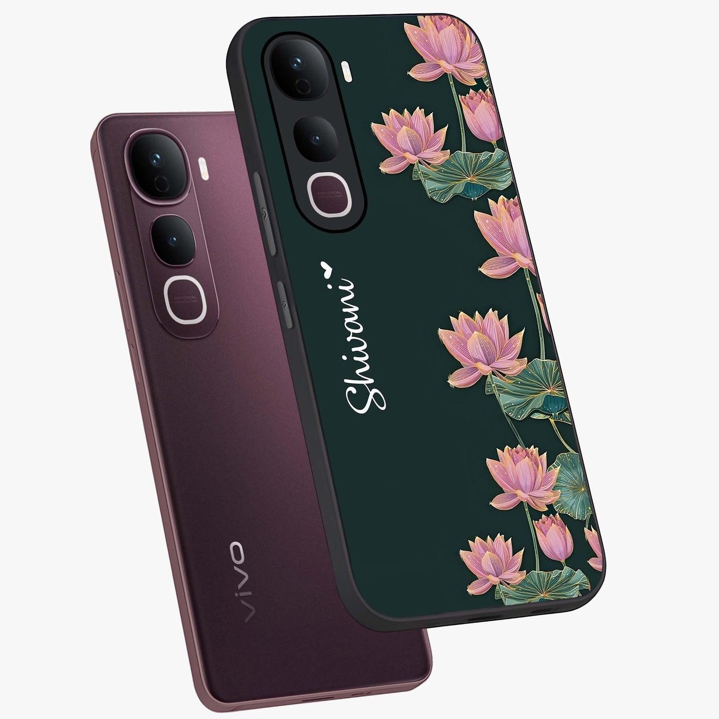 Lotus Bloom Serenity Custom Name Glass Case displayed in angled mockup highlighting graceful lotus illustration with custom name feature.