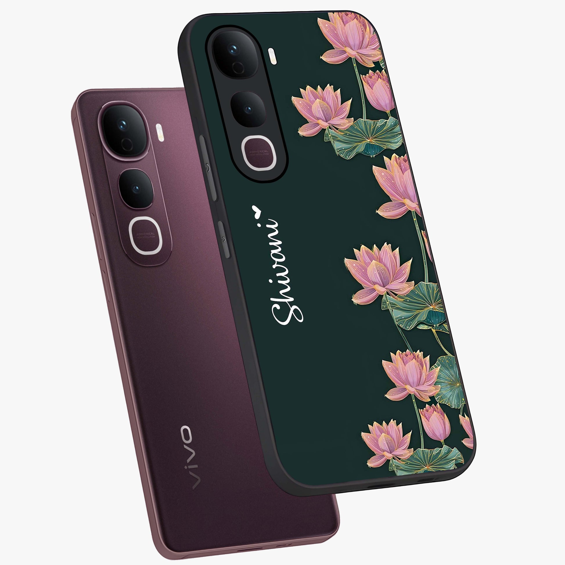 Lotus Bloom Serenity Custom Name Glass Case displayed in angled mockup highlighting graceful lotus illustration with custom name feature.