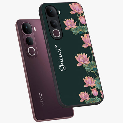 Lotus Bloom Serenity Custom Name Glass Case displayed in angled mockup highlighting graceful lotus illustration with custom name feature.