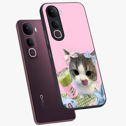 Love Matcha Cat Glass Case displayed in angled mockup highlighting playful feline illustration with cozy matcha aesthetic.