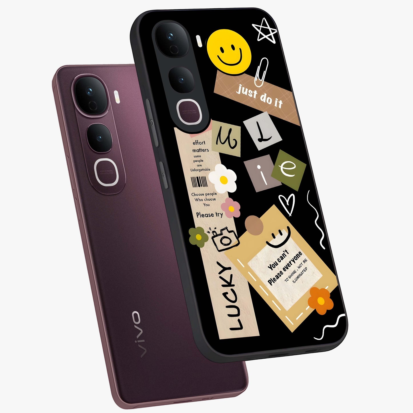 Lucky Aesthetic Collage Glass Case displayed in angled mockup highlighting stylish collage pattern with modern aesthetic vibe.