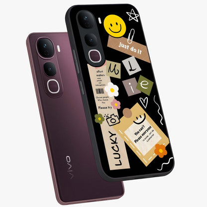 Lucky Aesthetic Collage Glass Case displayed in angled mockup highlighting stylish collage pattern with modern aesthetic vibe.