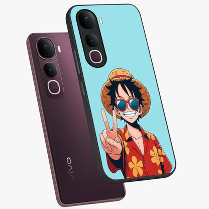 Luffy Summer Anime Vibe Glass Case displayed in angled mockup highlighting energetic anime illustration with summer vibe aesthetic.