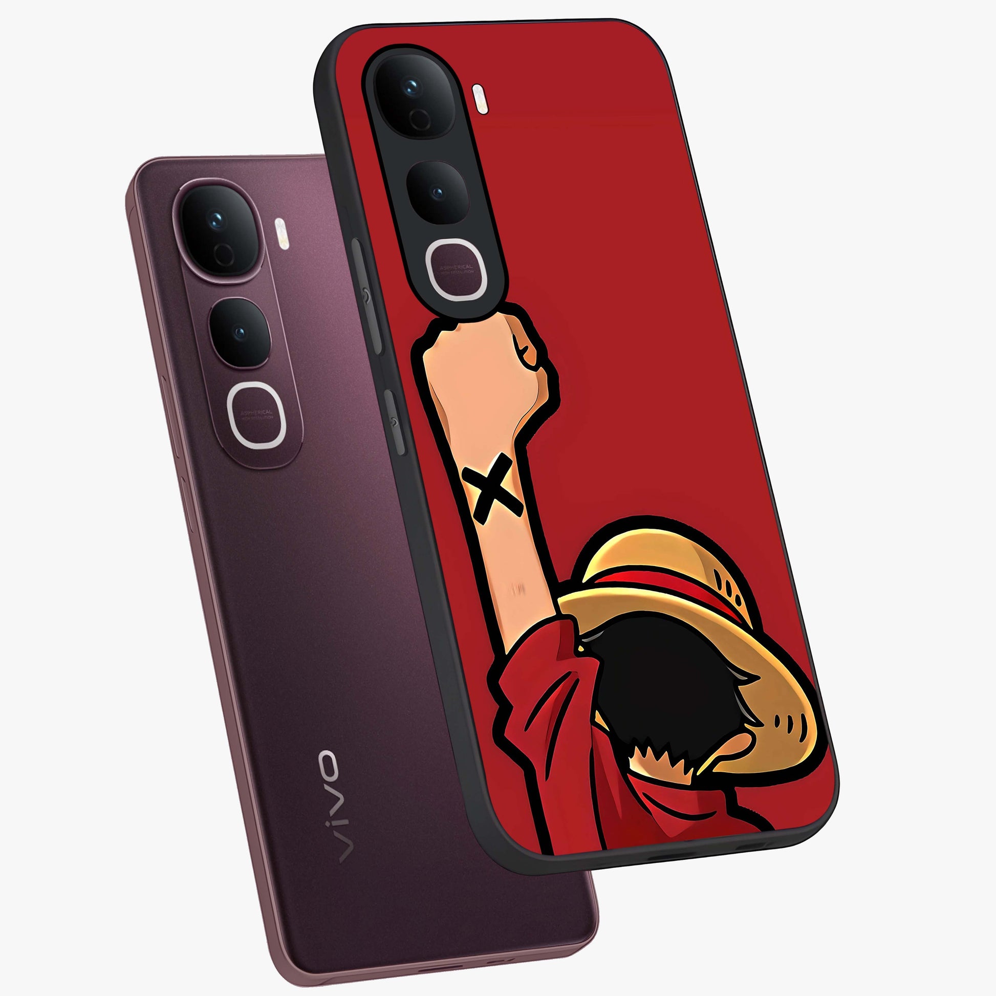 Luffy X Spirit Glass Case displayed in angled mockup highlighting powerful anime design with energetic action aesthetic.