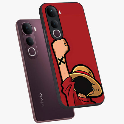Luffy X Spirit Glass Case displayed in angled mockup highlighting powerful anime design with energetic action aesthetic.