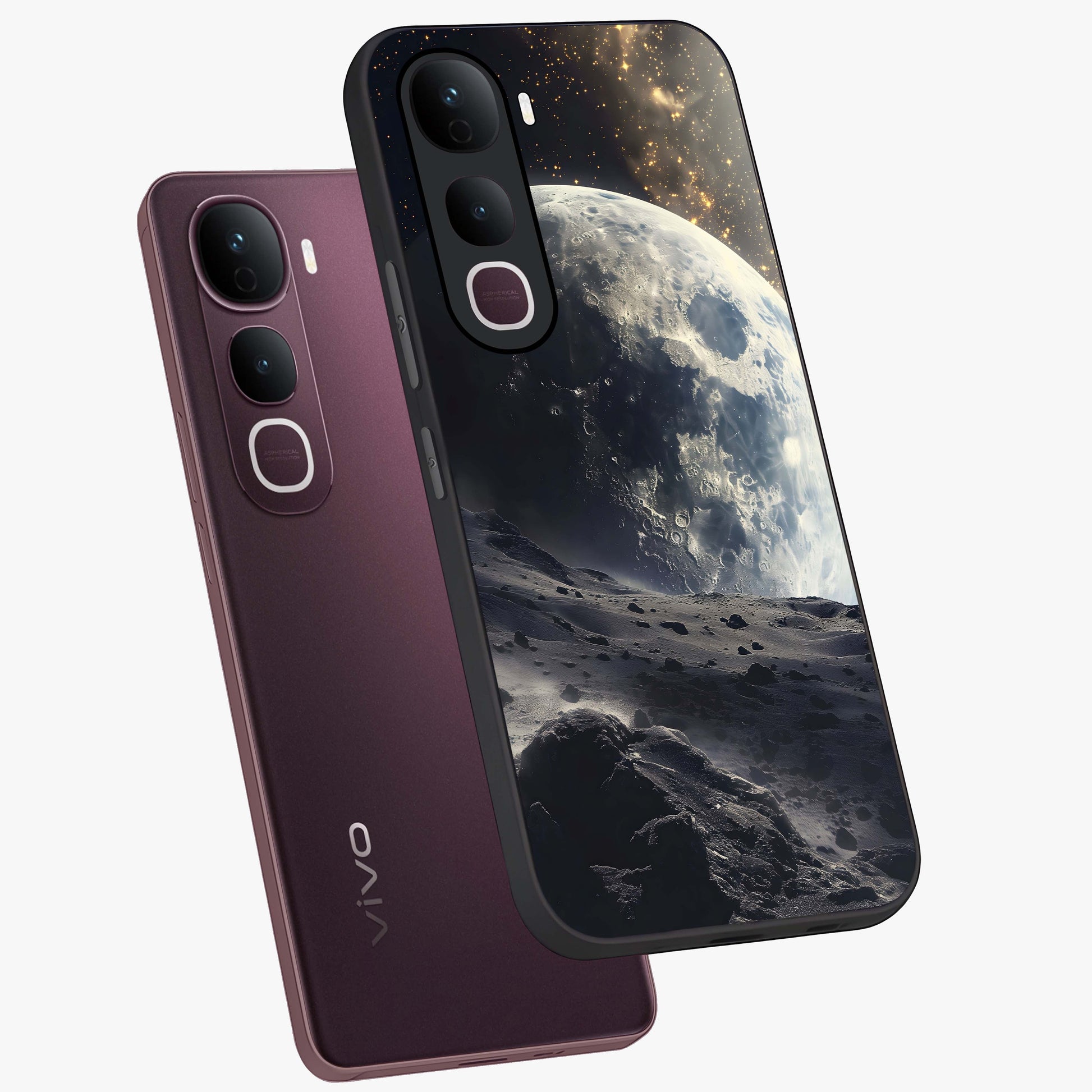 Lunar Horizon Glow Glass Case displayed in angled mockup highlighting celestial moon design with dreamy night aesthetic.