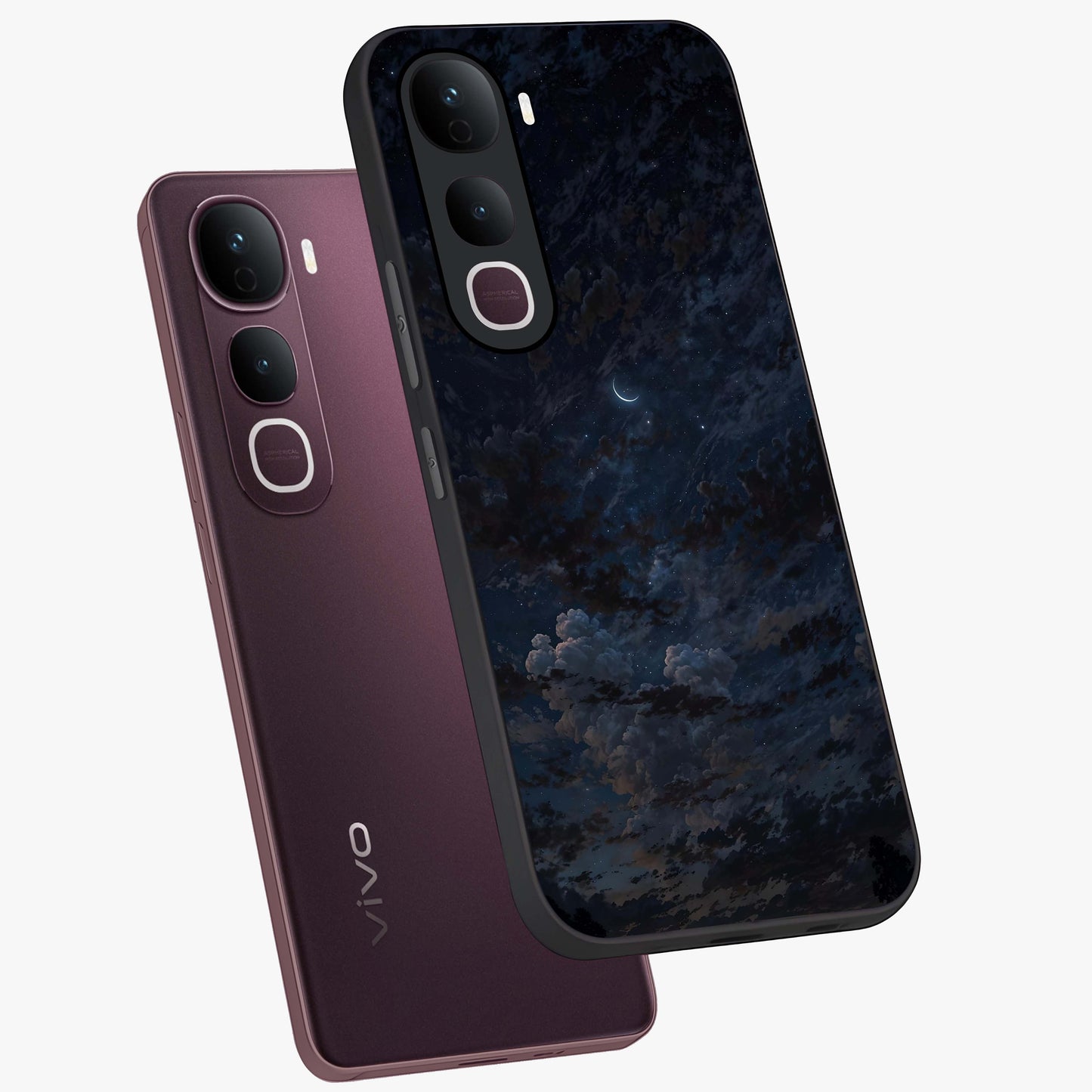 Lunar Veil Silence Glass Case displayed in angled mockup highlighting soft lunar design with peaceful celestial aesthetic.