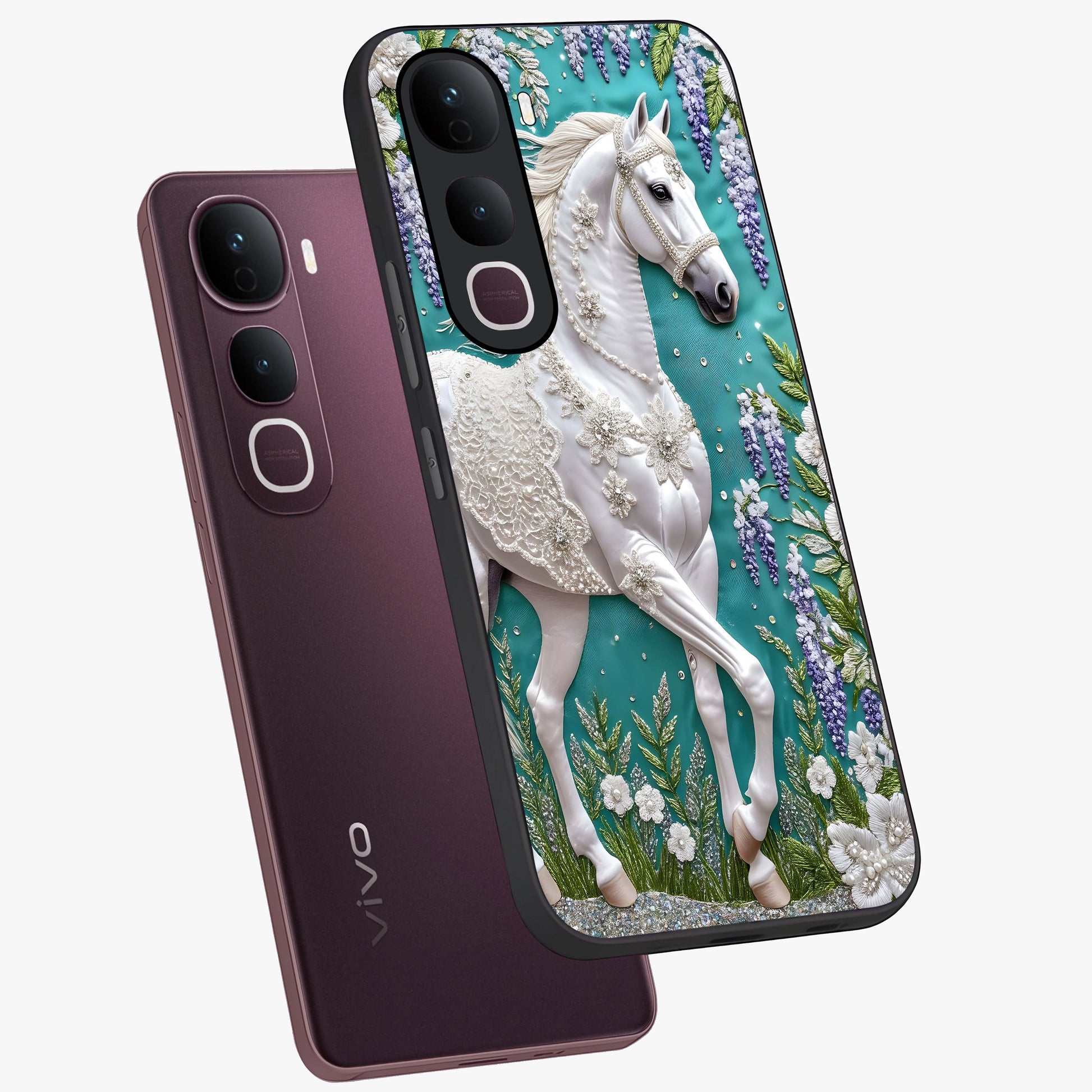 Majestic Floral Stallion Glass Case displayed in angled mockup highlighting majestic stallion illustration with elegant floral aesthetic.