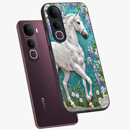 Majestic Floral Stallion Glass Case displayed in angled mockup highlighting majestic stallion illustration with elegant floral aesthetic.