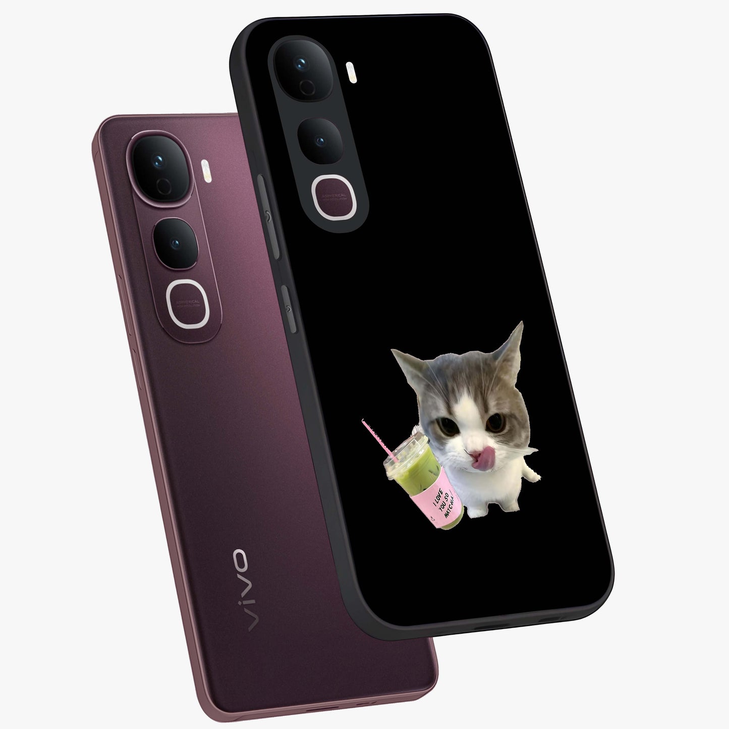 Matcha Cat Style Glass Case displayed in angled mockup highlighting playful feline design with pastel matcha aesthetic.