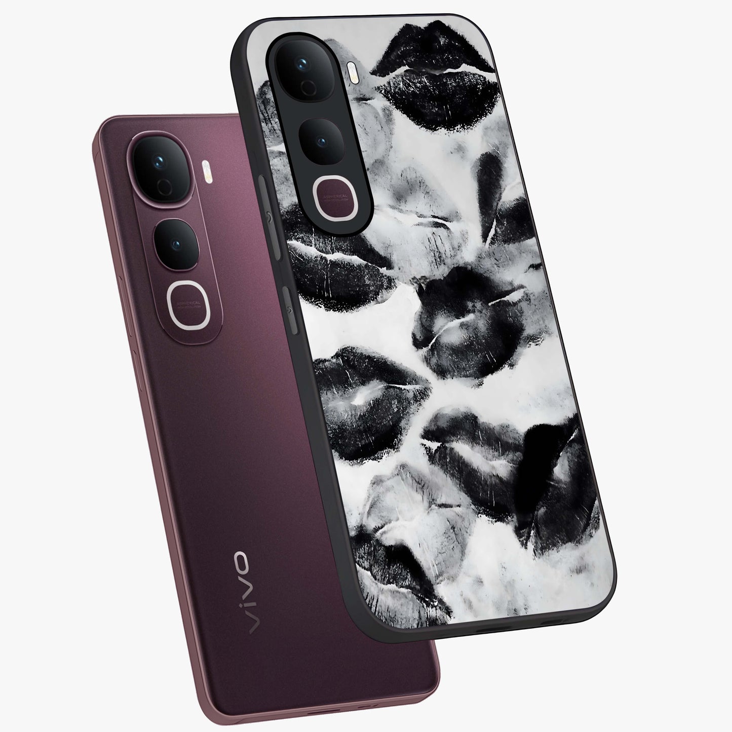 Midnight Kiss Marks Glass Case displayed in angled mockup highlighting playful romantic design with bold midnight aesthetic.