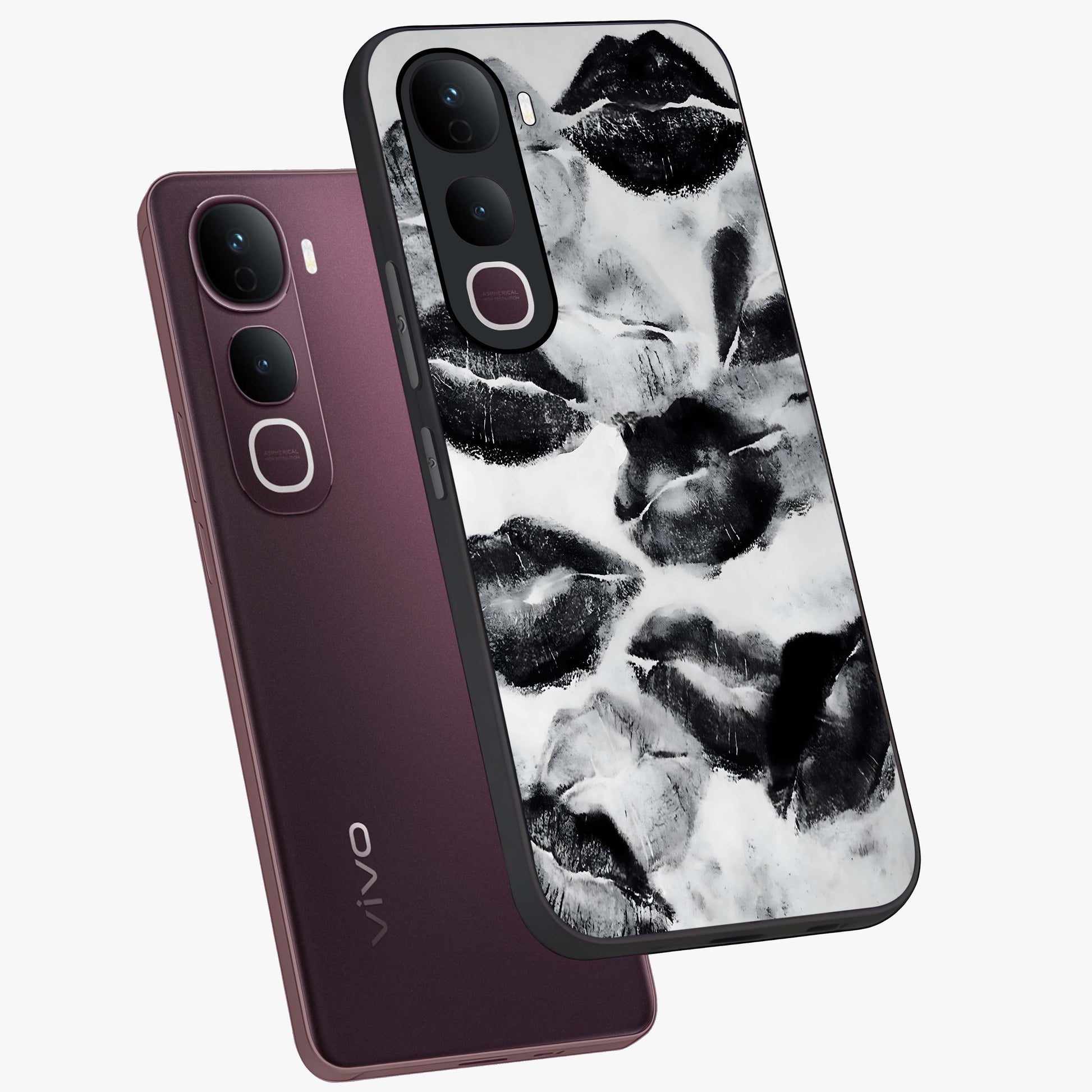 Midnight Kiss Marks Glass Case displayed in angled mockup highlighting playful romantic design with bold midnight aesthetic.