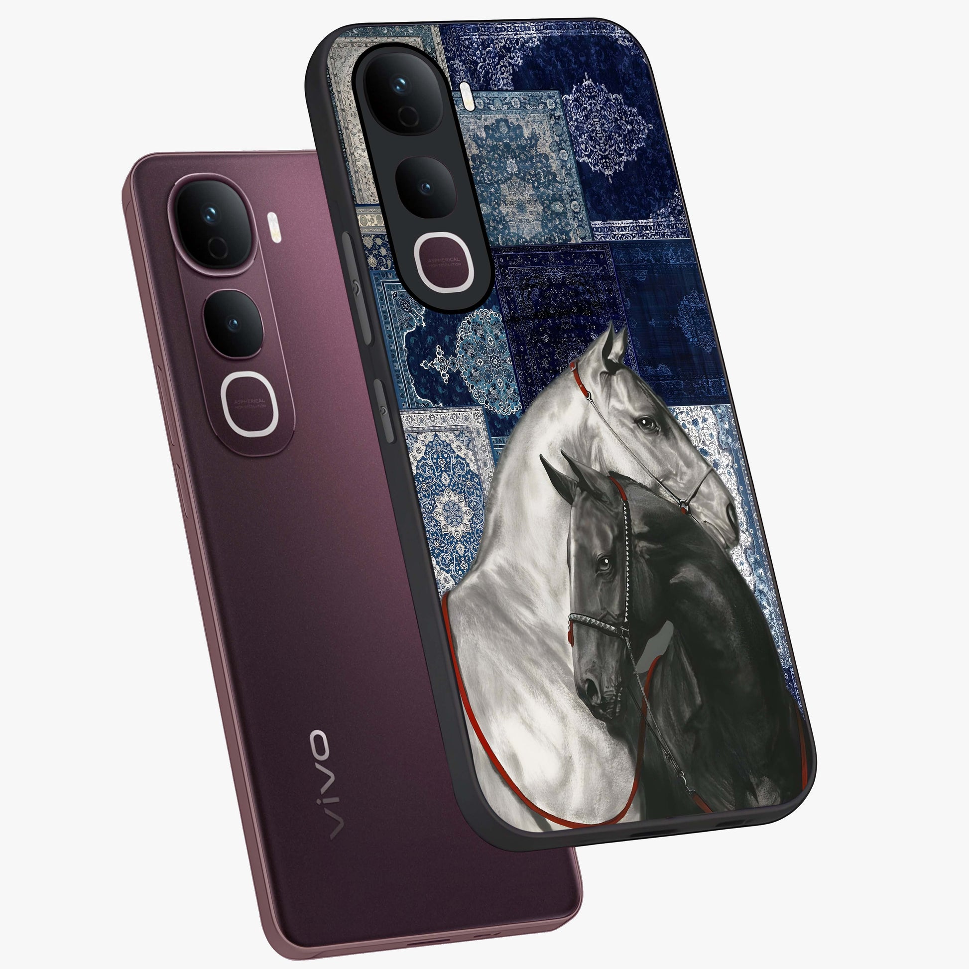 Midnight Stallion Blues Glass Case displayed in angled mockup highlighting powerful stallion illustration with deep midnight tones.