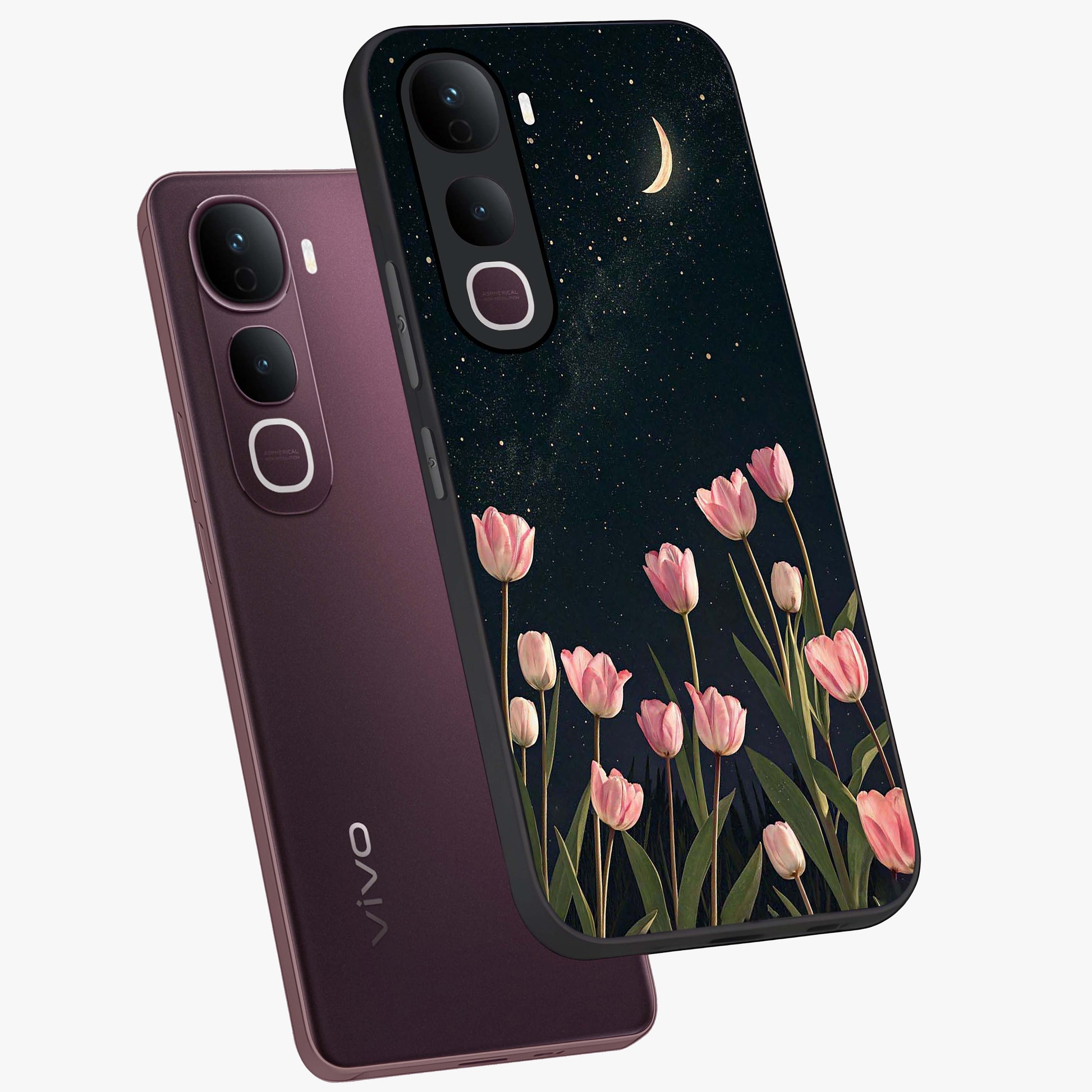Midnight Tulip Whispers Vibe Glass Case displayed in angled mockup highlighting delicate tulip design with midnight floral aesthetic.