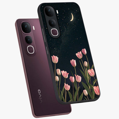 Midnight Tulip Whispers Vibe Glass Case displayed in angled mockup highlighting delicate tulip design with midnight floral aesthetic.