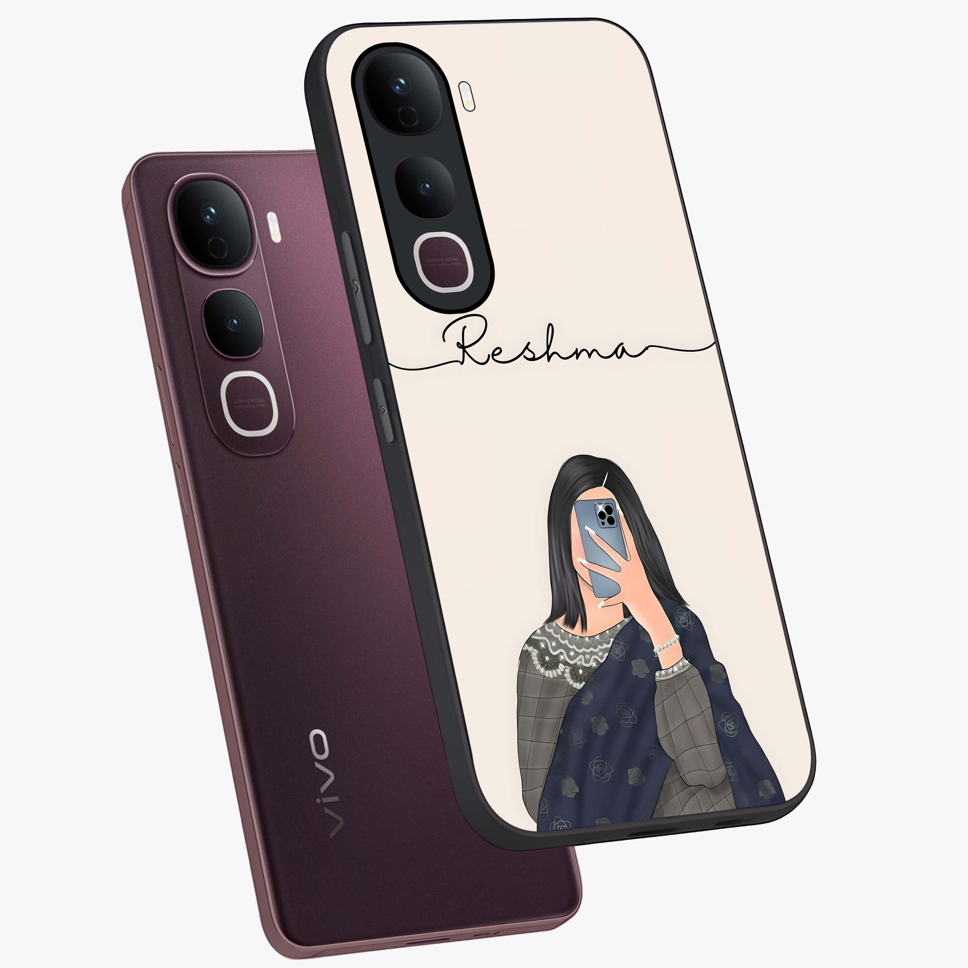 Mirror Mood Muse With Custom Name Glass Case displayed in angled mockup highlighting aesthetic mirror inspired design with custom name feature.