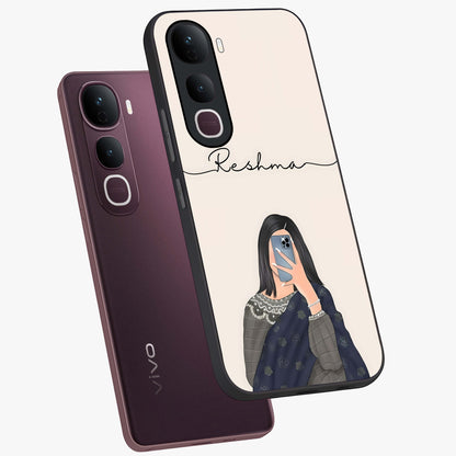 Mirror Mood Muse With Custom Name Glass Case displayed in angled mockup highlighting aesthetic mirror inspired design with custom name feature.